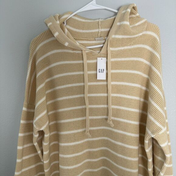 Gap Women's Hooded Sweater Size XL Waffle Knit Carmel White Stripe Beach - Picture 7 of 9